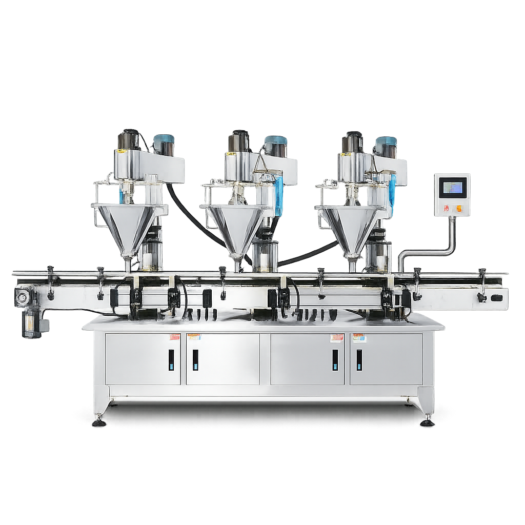 Automatic powder filling line with multiple filling heads and conveyor
